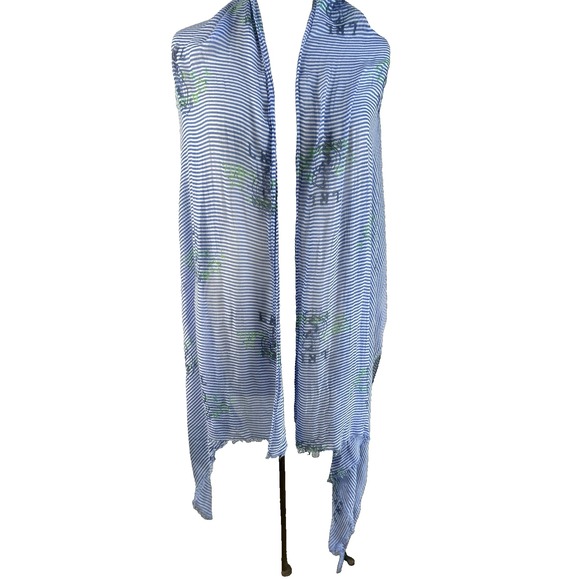 Lauren Ralph Lauren Nautical Blue White Stripe Scarf/Wrap LRL Logo Viscose 29x72 - Picture 2 of 10